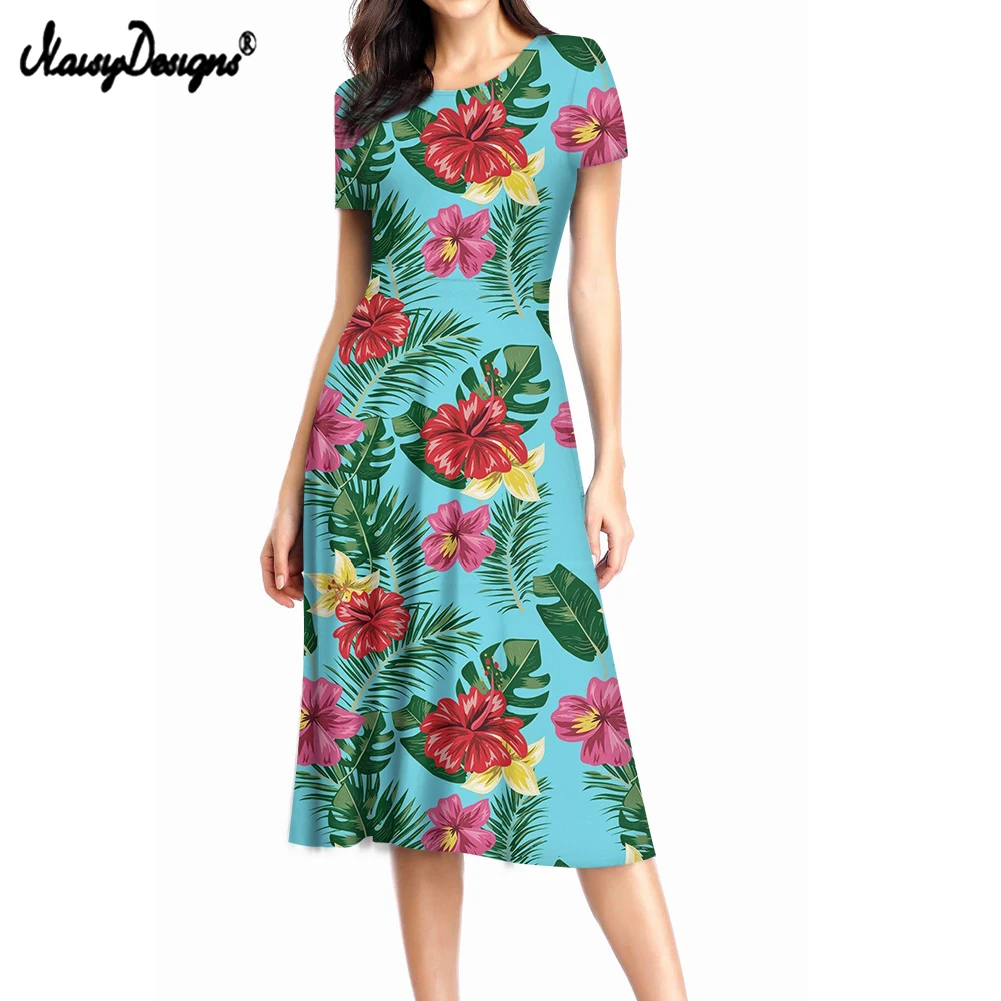 

NOISYDESIGNS 2021 Women Summer Fashion Short Sleeve Dress Hawaiian Tropical Floral Print Ladies Simple O Neck Style A Line Dress