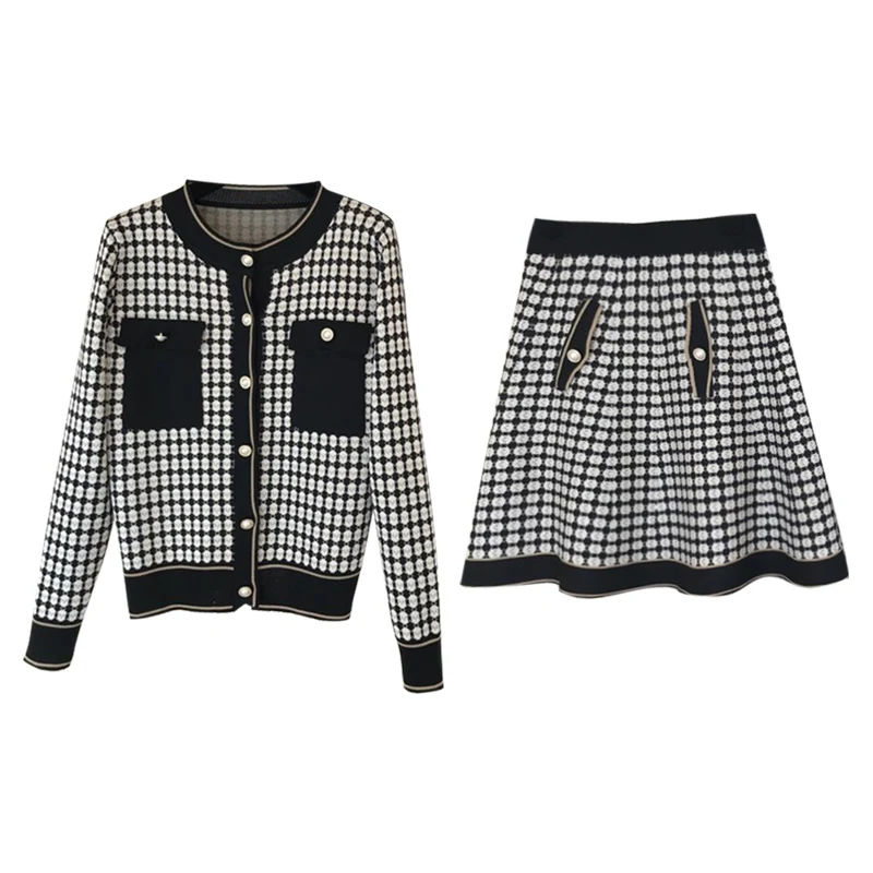 Женский вязаный клетчатый кардиган DEAT трапециевидная короткая мини-юбка с