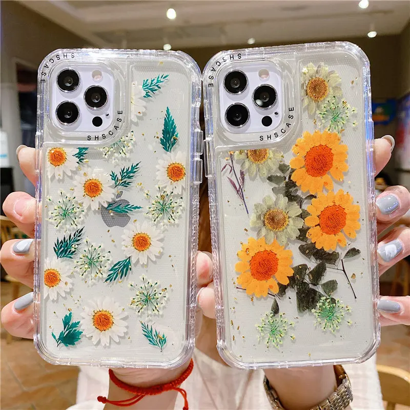 

Real Dried Flower Glitter Transparent Phone Case For iPhone 11 12 Pro Max XR XS Max X 7 8 Plus 12 Mini Shockproof Bumper Cover