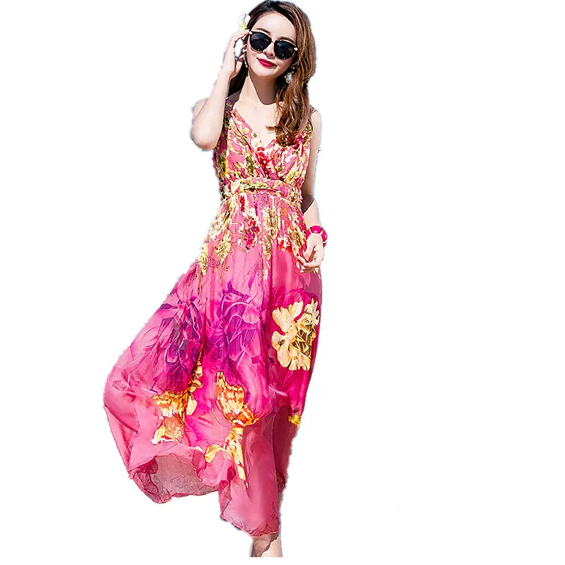 

2021 Summer Silk Dress V-neck Printing Condole Belt Backless Mulberry Silk Big Pendulum Bohemian Beach Dresses for Women