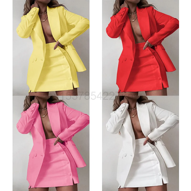

2021 women's fashion solid color commuter casual suit half skirt two piece set