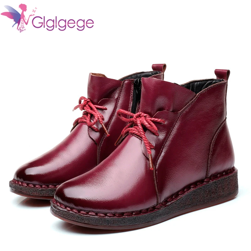 

Glglgege Autumn Vintage Genuine Leather Handmade Boots For Women Flat Low Heel Winter Boot Shoes Soft Lace-Up Ankle Boots Woman