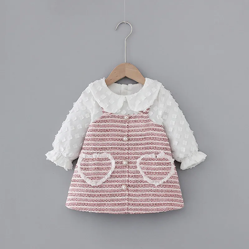 Платье для девочек осеннее платье с круглым воротником и цветочной аппликацией