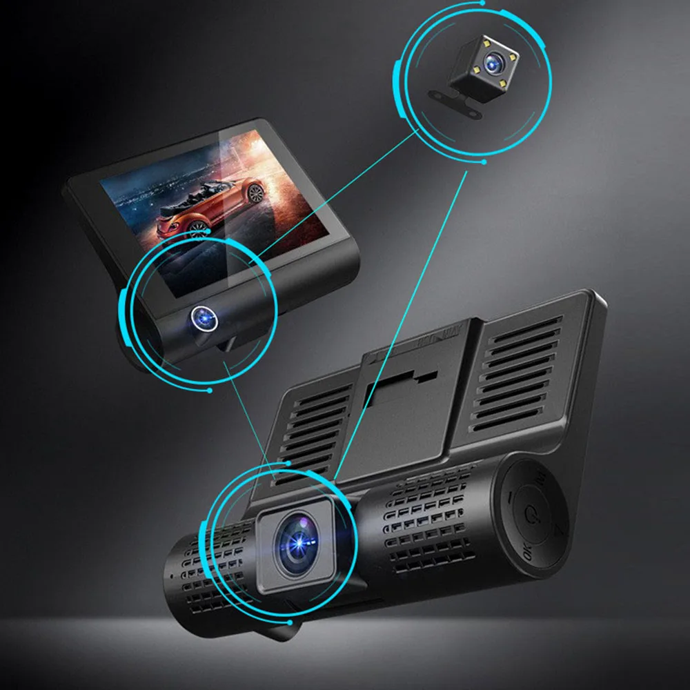 Автомобильный видеорегистратор Conkim DVR с тремя камерами: передняя/внутренняя/задняя, с экраном 4,0 дюйма и записью видео в Full HD 1080P.