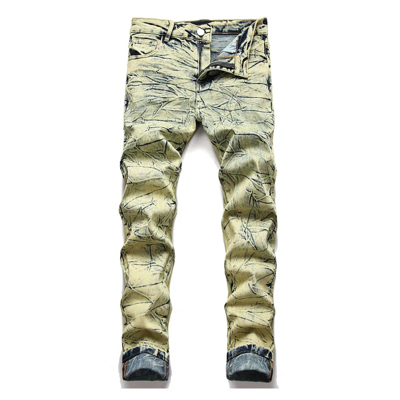 

KIOVNO Men Fashion Tie Dye Printed Jeans Pants High Streetwear Streetwear Classic Denim Trousers Washed Hip Hop