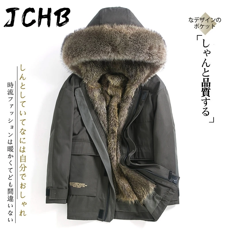

Winter JCHB Jacket Men Parka Real Fur Coat Hooded Natural Raccoon Dog Fur Liner Mens Jackets and Coats Parkas Hombre 2021