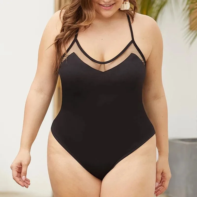 Женский слитный купальный костюм размера плюс черный сетчатый тонкий Монокини s