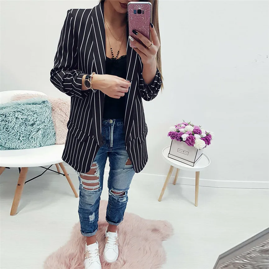 Женские куртки осень 2019 женский модный Женский Тренч Стильный блейзер в полоску