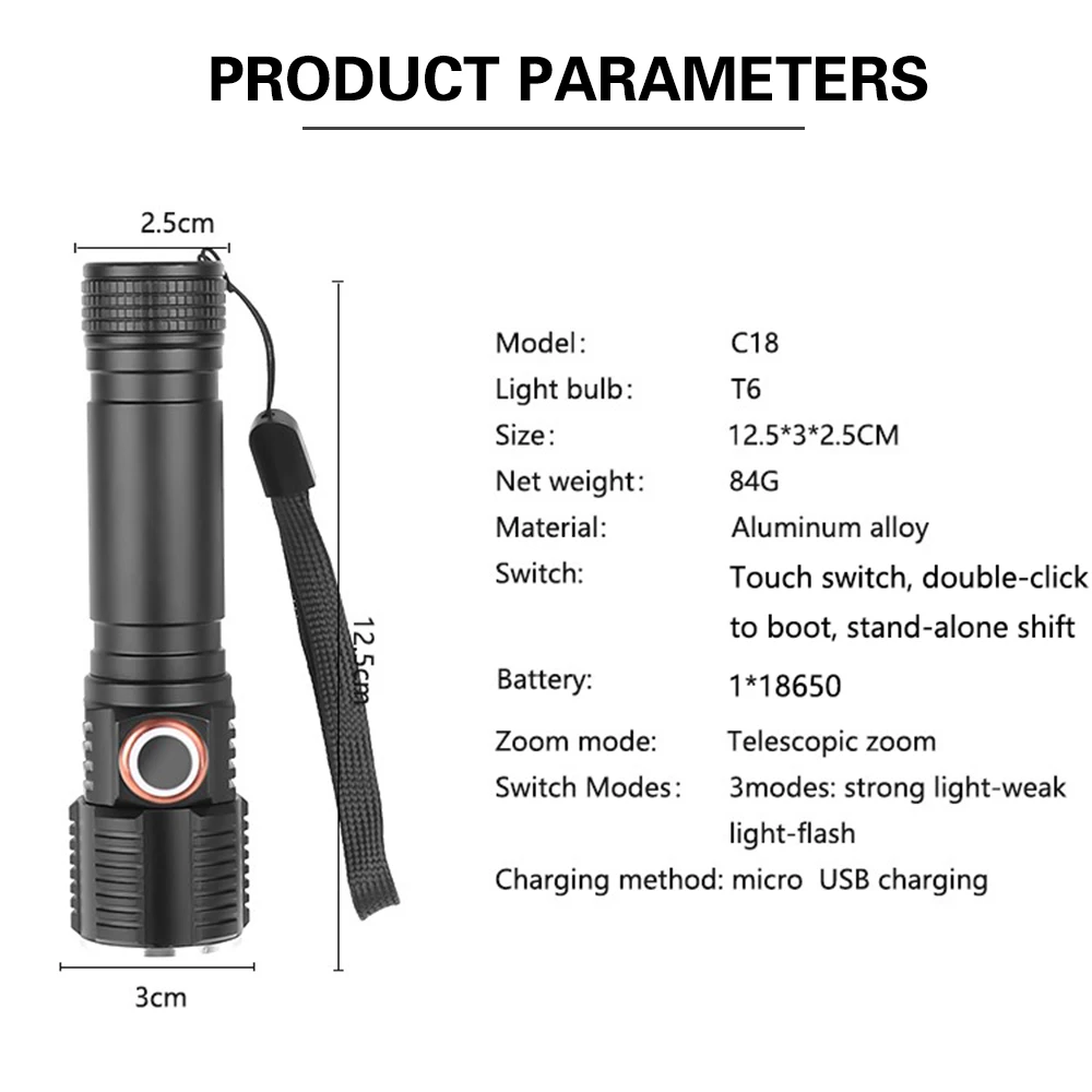 Asafee C18 Мощный T6 светодиодный светильник-вспышка, фонарь с зумом, USB Перезаряжаемый Тактический светильник, походный охотничий фонарь, вспышка, светильник фонарь
