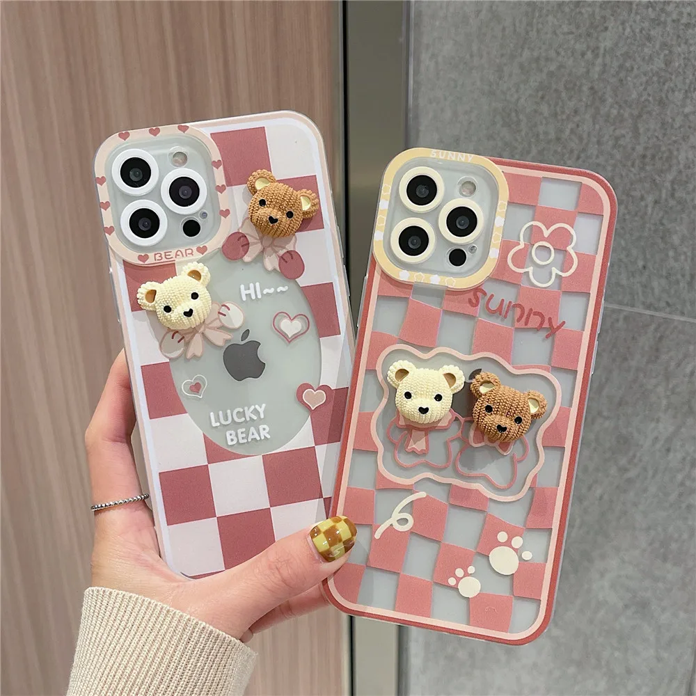 

INS Knitting Bear Lattice Transparent TPU Phone Case For iPhone 13 12 11 PRO MAX XS X XR Silicone Soft Frame Protective Cover