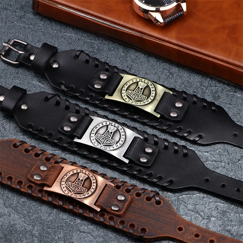 

Nordic Rune alloy wide leather bracelet men's leather jewelry punk fashion