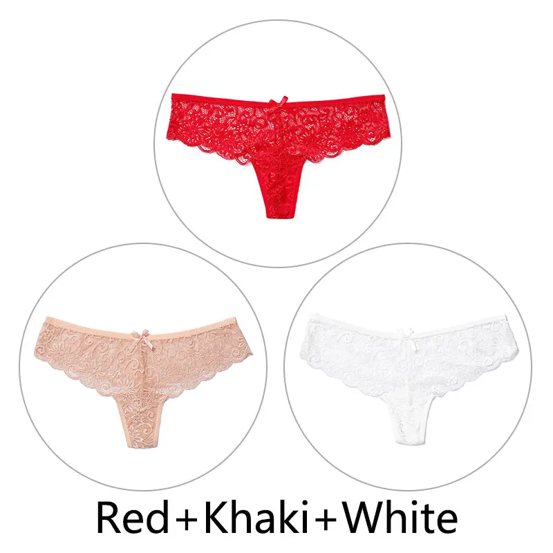 Red Khaki White 3 шт., сексуальные кружевные трусики женские стринги и стринги, открытая низкая талия, нижнее белье, прозрачные танга, женское нижнее белье, дышащее - Цвет: Red Khaki White