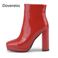 dovereiss fashion womens shoes winter sexy pure color red genuine leather lacquered leather platform zipper mature ankle boots