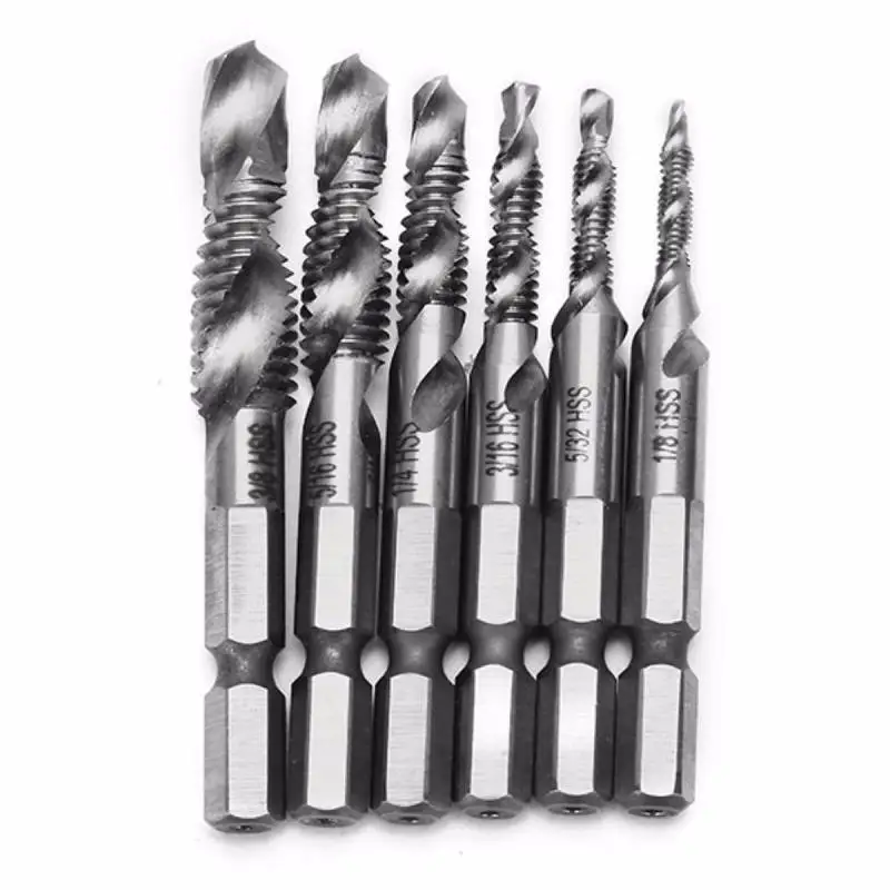 

6Pcs1/8-3/8" Metric Inch Multifunctional Screw Tap Set HSS Hex Shank Machine Tapping Tools Drilling Machine Accessories