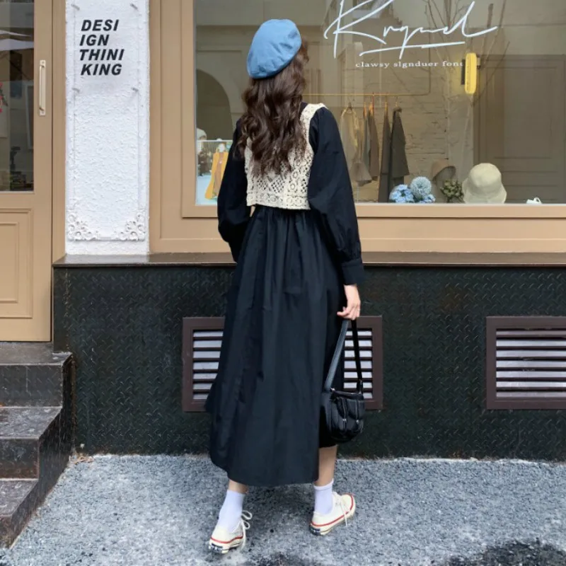 Long Puff Sleeve Dress Women Solid 