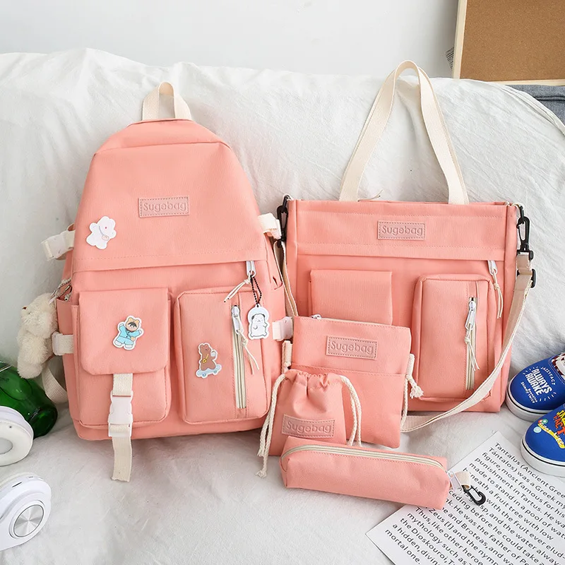 

4 Pcs/Set 2021 Women Laptop Backpack Harajuku Canvas School Bags For Teenage Girls Kawaii College Student Kids Book Bag Rucksack