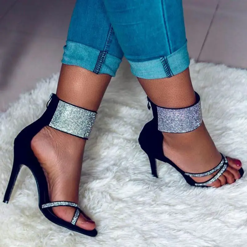 

High Heels Sandals Women 2021 Luxury Brand Sexy Rhinestones ZA Fashion 11CM Woman Shoes On Heels Sandals Black Chaussure Femme