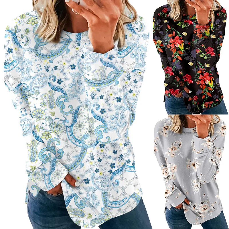 

2245 Autumn Winter Print Sweatshirt Women Fashion Long Sleeves Loose O-Neck Casual Patchwork Streetwear Daily Female Pullovers