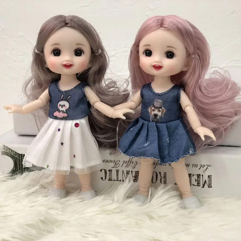 

2pc/lot 16CM BjD Doll 13 Movable Joints Dress Up DIY Dolls with Casual Suit Couple Toys Cute Round Face Smile Girl DIY Toy