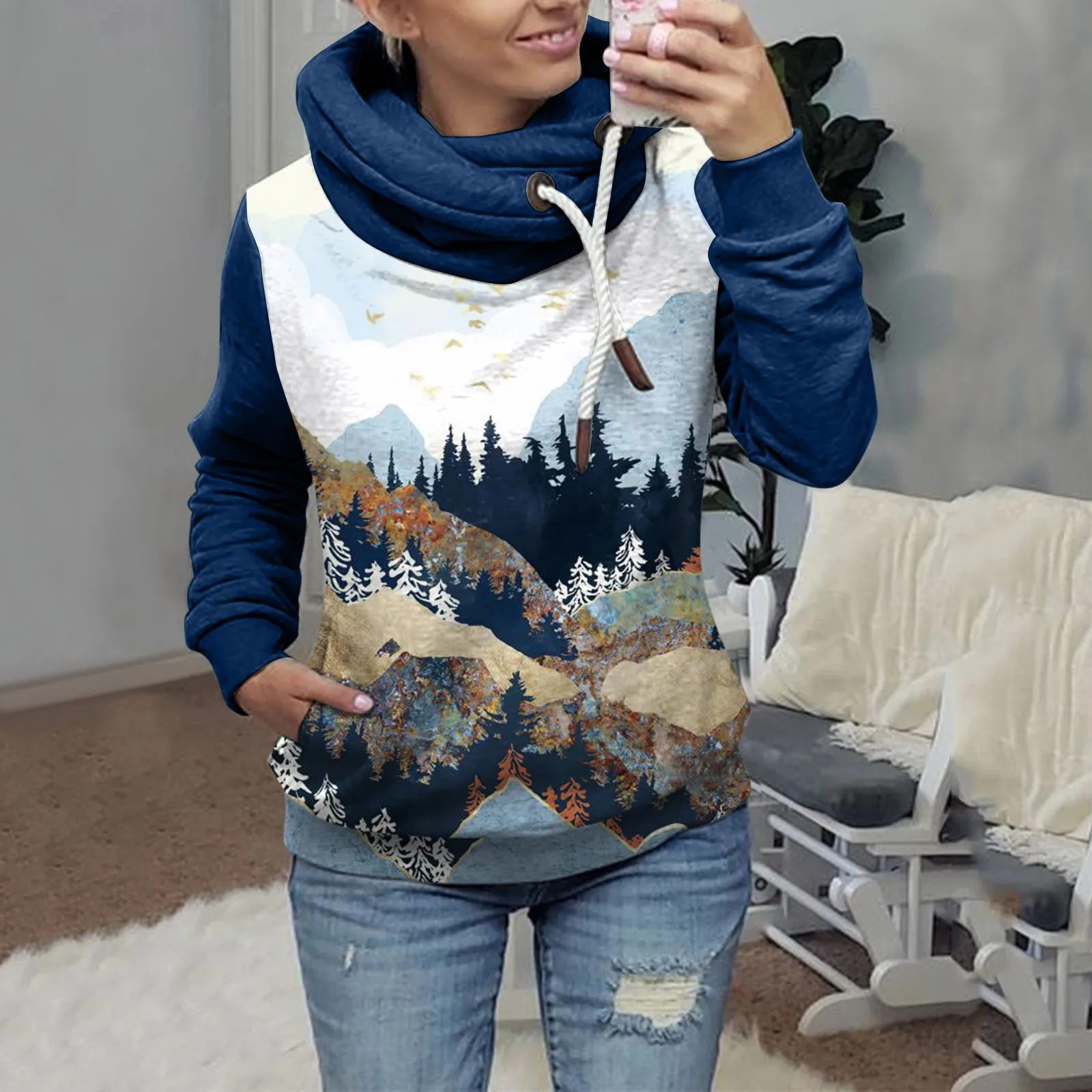 Пальто женское пейзажная живопись принты размера плюс толстовка контрастная