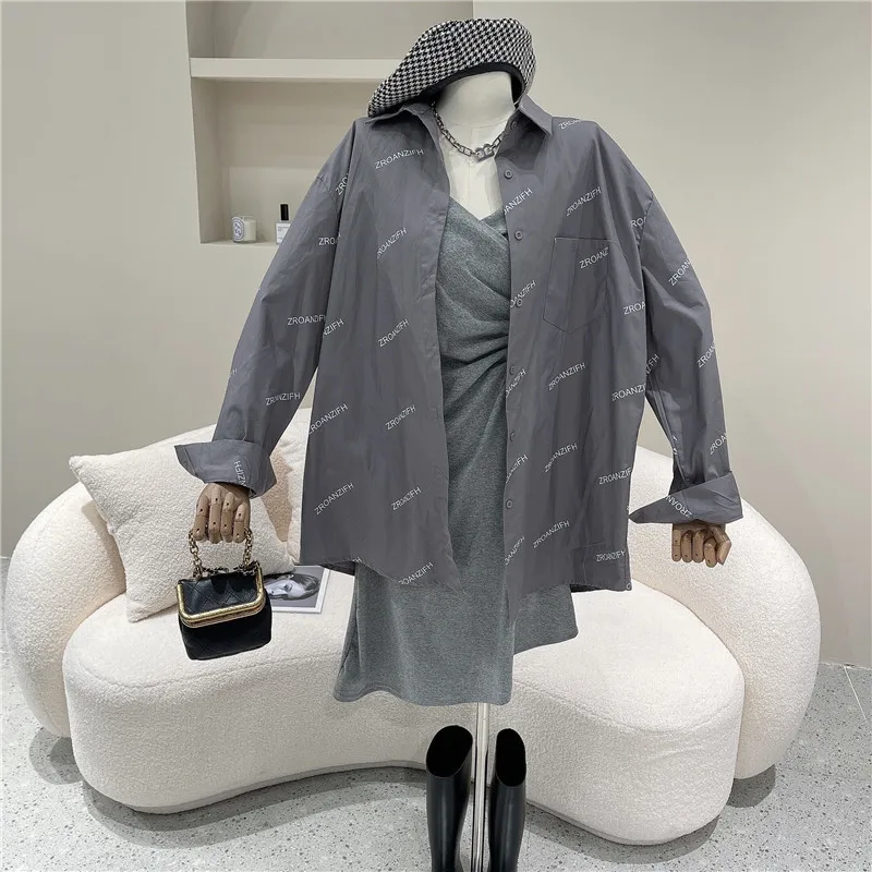 

Women's Spring Summer 2021 Niche Design Fashion Letter Print Design Shirt Women's Medium Length Loose Long Sleeve Top