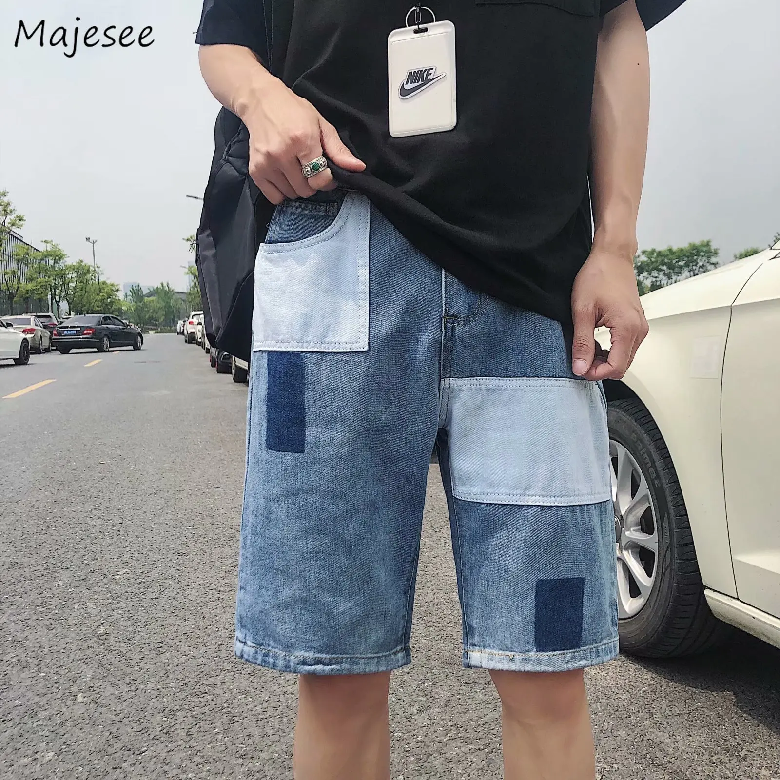 

Men Panelled Denim Shorts S-3XL Patches Design Vintage Casual Knee Length Chic Ulzzang Short Trousers High Street Color Contrast
