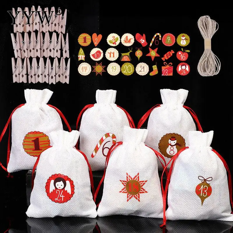 

24pcs/Lot Christmas Gift Bags Christmas Candy Wedding Party Drawstring Bag Christmas Decorations For Home New Year 2021 Presents