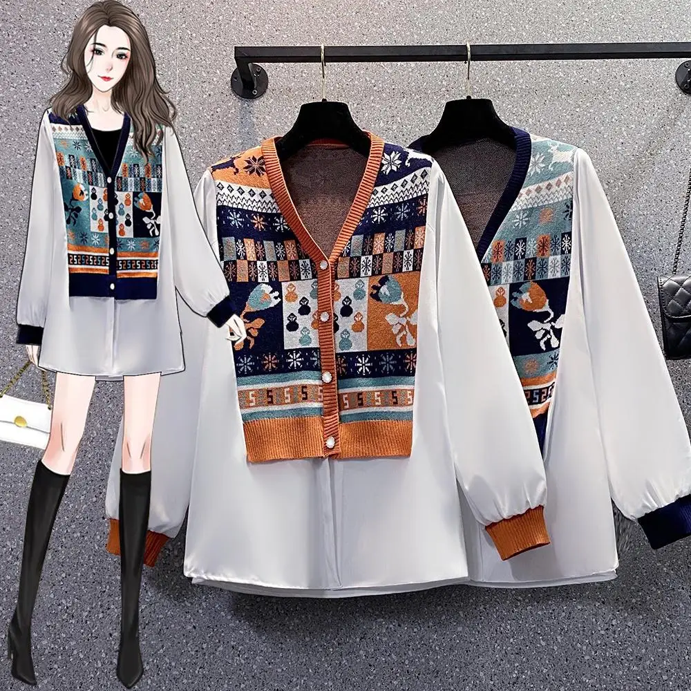 

EHQAXIN 2021 Autumn Winter Womens Stitching Sweater Tops Fashion V-Neck Button Embroidered Pullover Sweater L-4XL