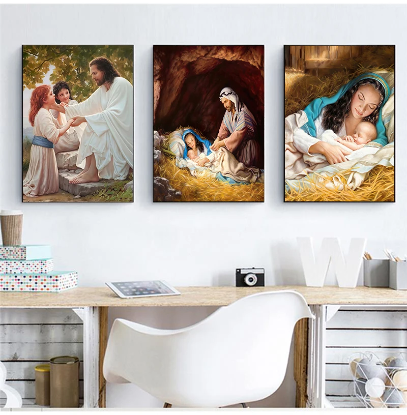 Настенная Картина на холсте с изображением Иисуса и Девы Марии Библия