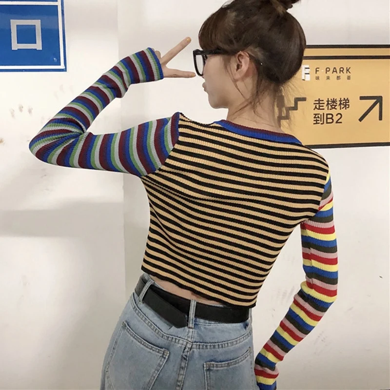 

Fashion Sexy Short Contrast Color Stripes Slim Fit Exposure Navel Solid Color Long Sleeve Knit Top