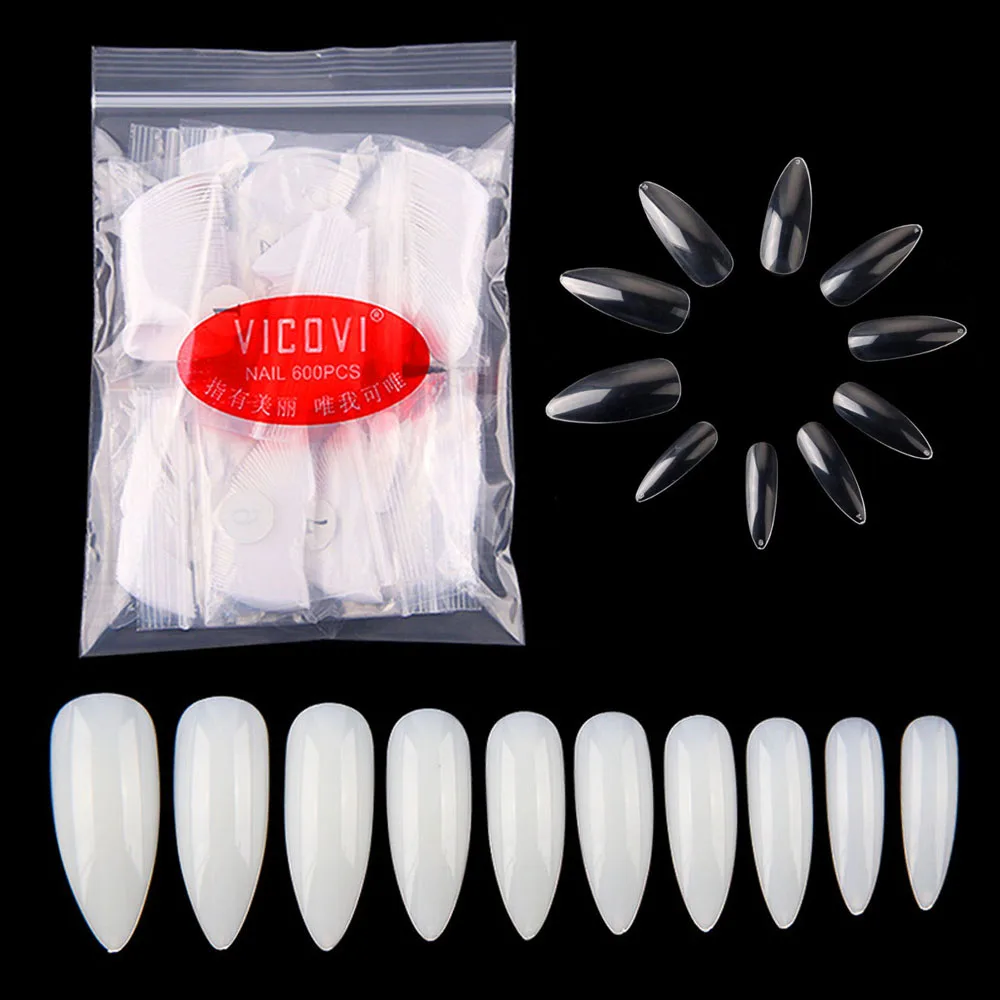 

600pcs/Pack Long Almond Stiletto False Nails Tips Full Cover Fake Nails 10 Sizes For Manicure Salon Acrylic Press On Nails Tools