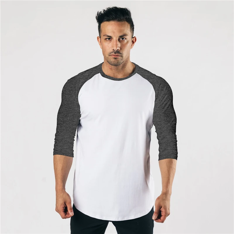 

Spring Autumn Sports Three Quarter Sleeve Fitness T-shirt Men Solid Patchwork O-neck Gym T shirts Male Slim Fit Running Shirt