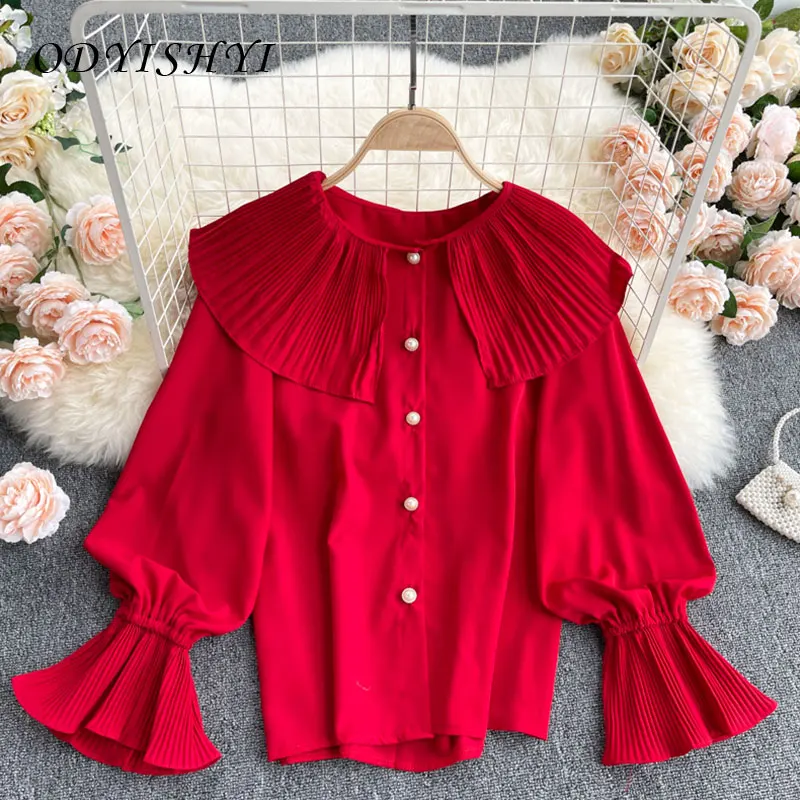 

2021 Spring Women Chiffon Shirt Court Wind Pleated Doll Collar Puff Sleeve Loose Large Size Shirts Top Women Fashion Blouse VT73