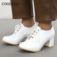 coolulu 2021 spring patent leather pumps women shoes lace up high heels round toe block heel retro shoes female footwear size 48