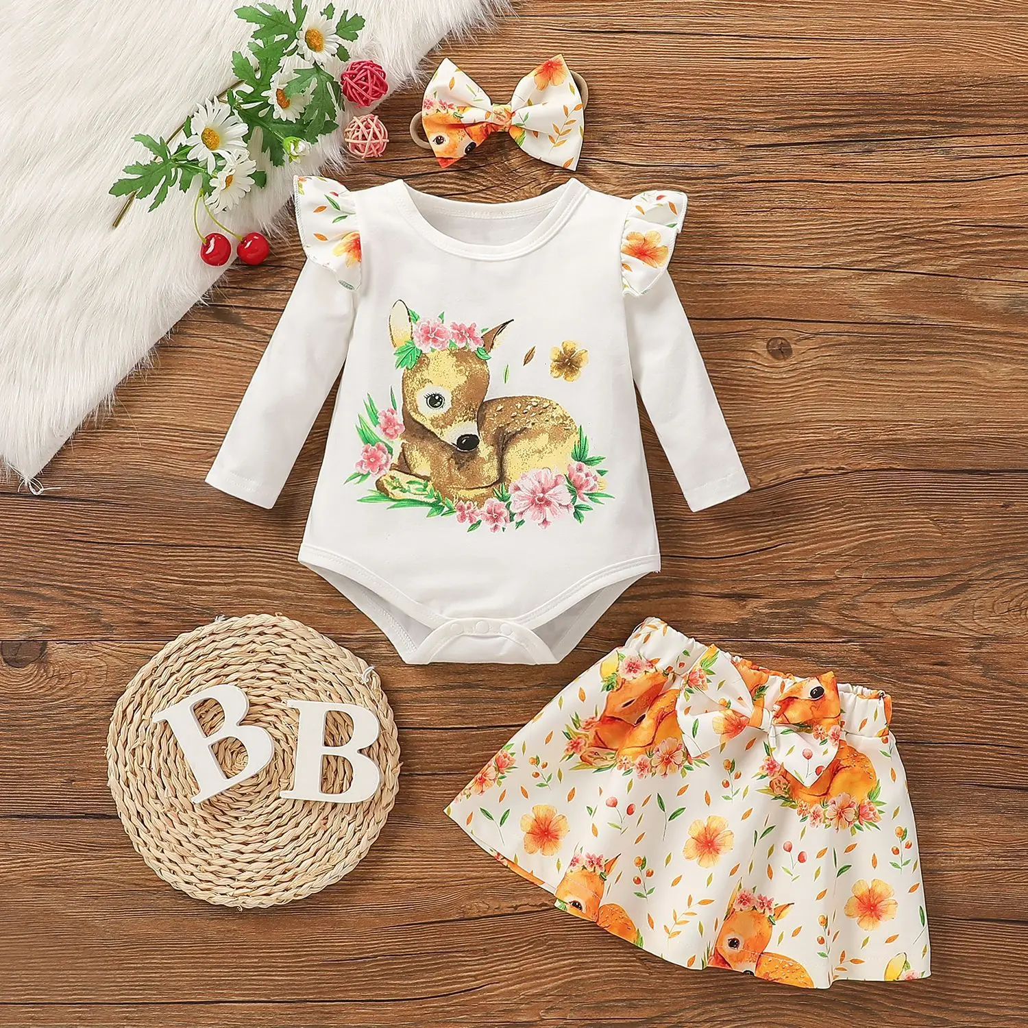 

3 Pcs Baby Girl Fawn Print Bowknot Headband Long-sleeve Jumpsuit Set Short Skirt Set Girls Clothing Toddler Girl Outfits