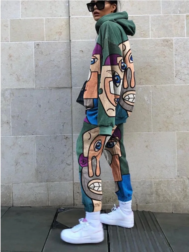 

Winter sst Casual Loose Corduroy Printed Ladies Sweatshirt Set Casual Set Abstract Pattern Set