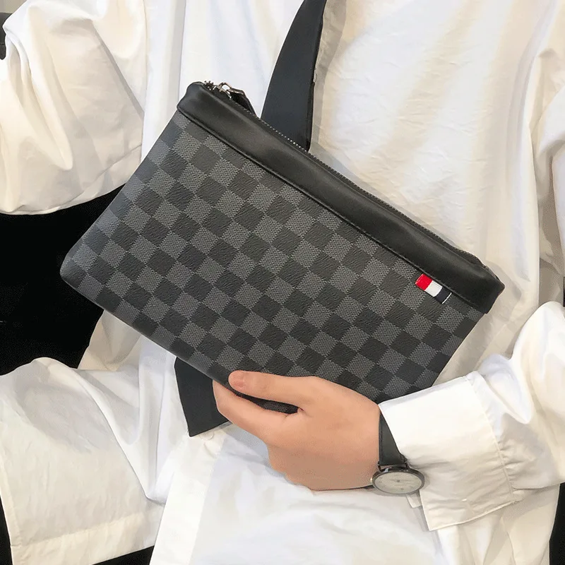 

Male Envelope Clutch Bag Classic Plaid Leather PU Business Fashion Men Day Clutches With Wristlets Phone Coin Key Purses Wallets