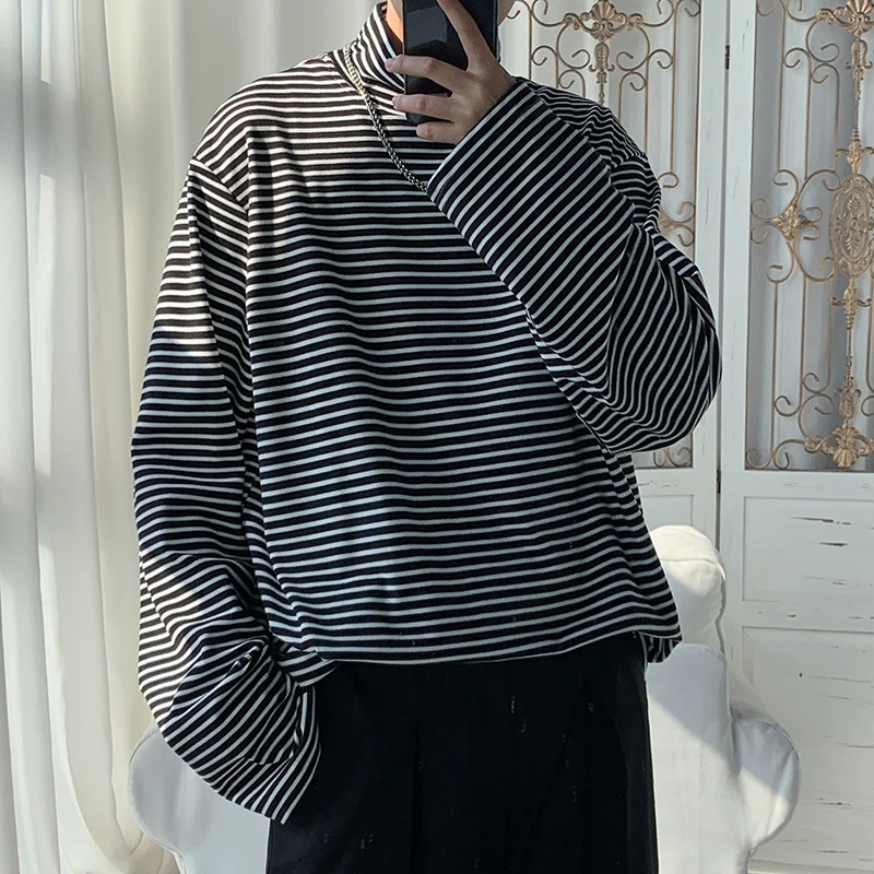 

S-3XL Men's T-shirt Casual Cotton Spandex Striped Turtleneck Long-sleeve T-shirts Basic Pullover Stripe Man Tee Shirt for Men
