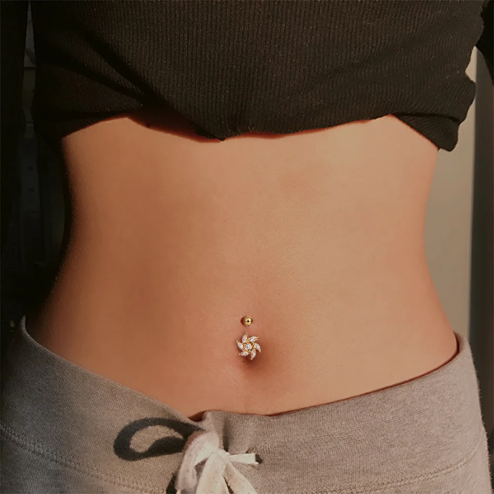 

Sexy Stainless Steel Windmill Zircon Piercing Belly Button Nail Exquisite Crystal Dangling Flowers Umbilical Ring Body Jewelry