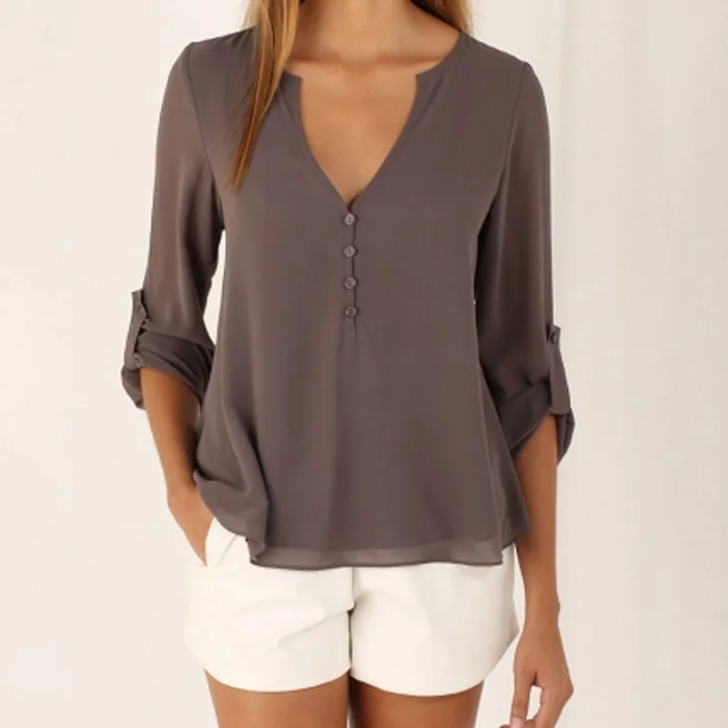 

Summer Chiffon Office Wear T Shirt Button Front Top Elegant Women V Neck Shirt 2021 Solid Color Large Size 5xl Shirt Long Back
