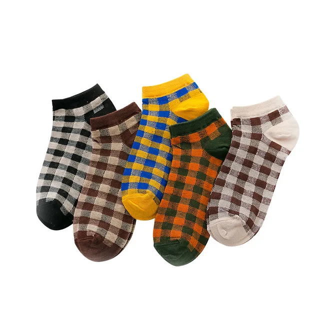 

5 pairs plaid double needle knitting beautiful fashionable socks ladies retro British style