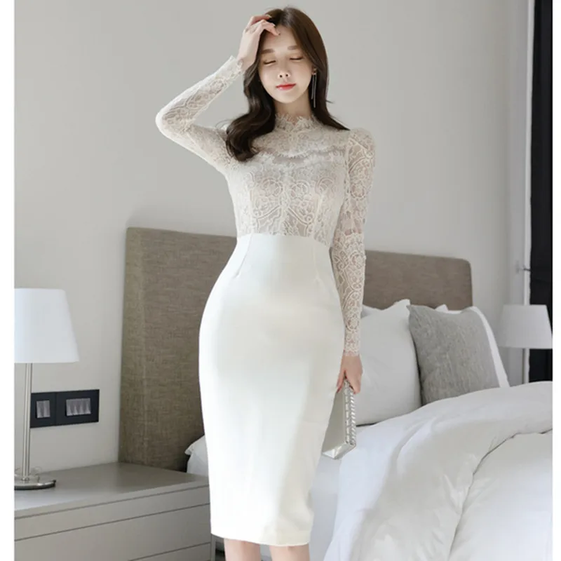 

2021 New Spring Korean Sexy Bodycon Bandage Dress Women White Lace Patchwork Elegant Fashion Party Dresses