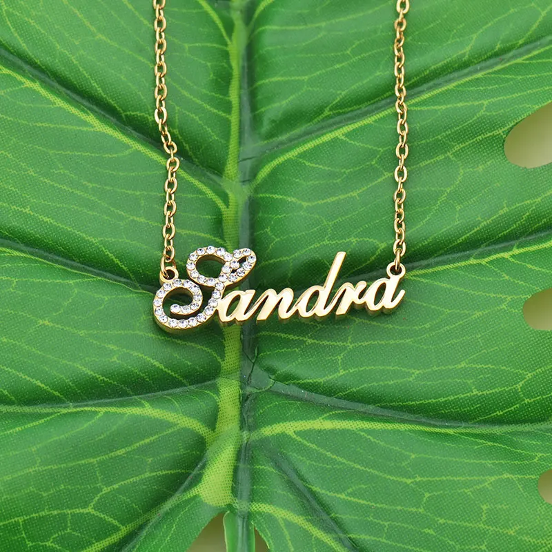 Custom Name Necklace Diamonds CZ Crystal Inlaid for Women Girls Personalized Nameplate Pendant Jewelry Stainless Steel Gold