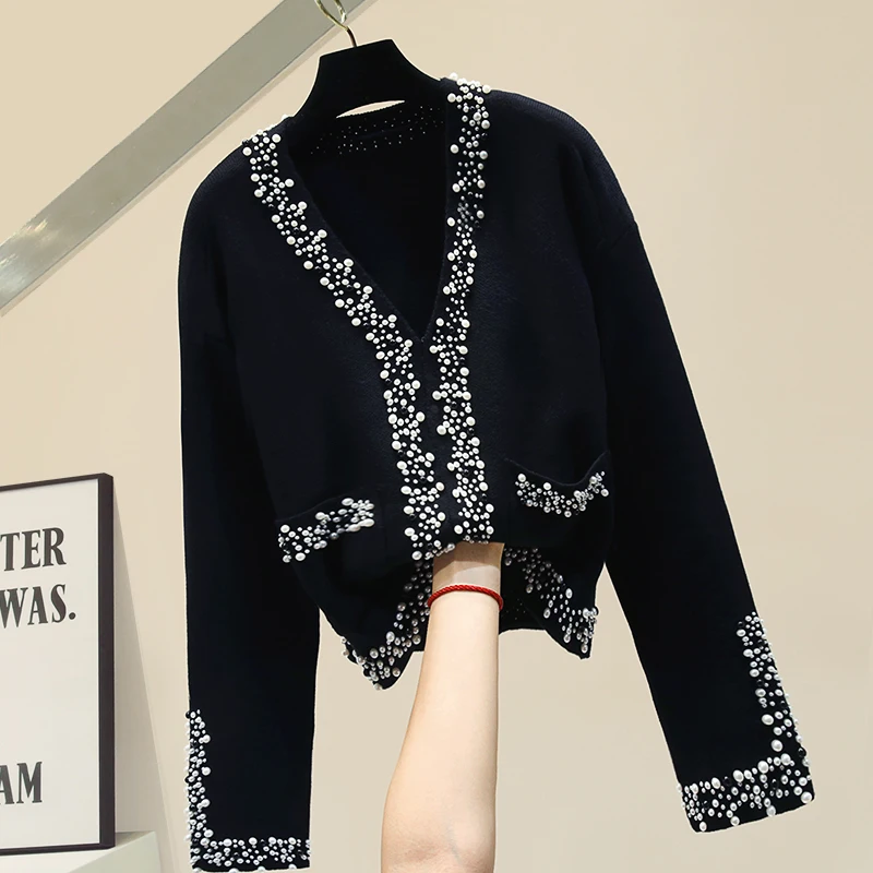 

Heavy Industry Beaded V-neck Autumn Winter Sweater Women's Sweaters 2020 New Women's Loose Knit Jacket Cardigans Girls Cardigan