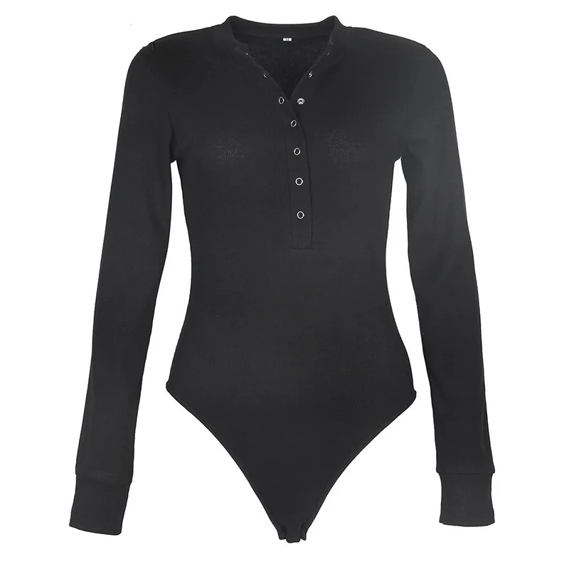 

One-Piece Knitted Bodysuits Autumn Women Sexy Club Outfits V-Neck Long Sleeve Body Tops Rompers Casual Buttons Bodysuit