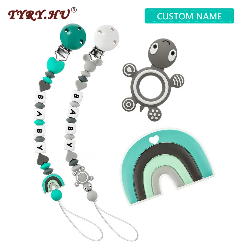 

TYRY.HU Baby Pacifier Clip Chain Personalized Name Dummy Holder Silicone Teething Beads with Cute Turtle balloon Soother Chains