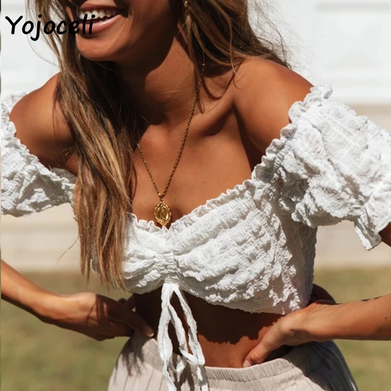 Сексуальные блузки Yojoceli с открытыми плечами женские укороченные топы блузы |