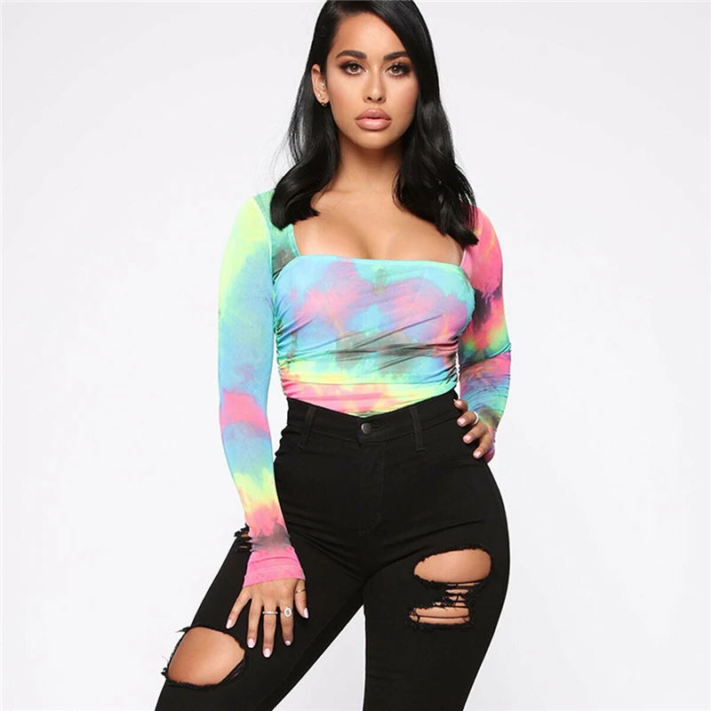 2019 новый сексуальный Для женщин квадратный вырез боди с принтом длинным рукавом