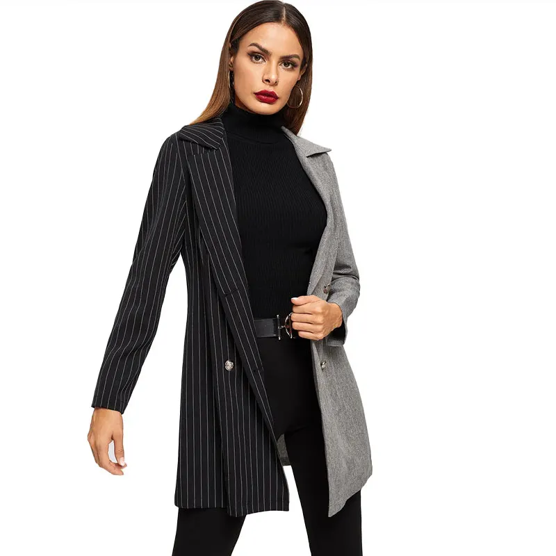 ROMWE Notch Collar Colorblock Striped Coat Women Blazer Autumn Fashion Ladies Jackets Fall Elegant Black Double Breasted Blazer