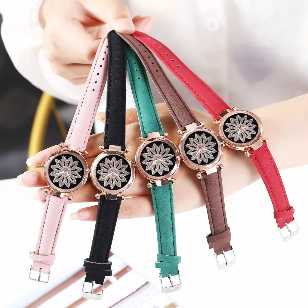

European Fashion Sleek Minimalist Rhinestone Flower Rotating Dial Belt Ladies Quartz Female Waterproof Student Couple Watch Gift